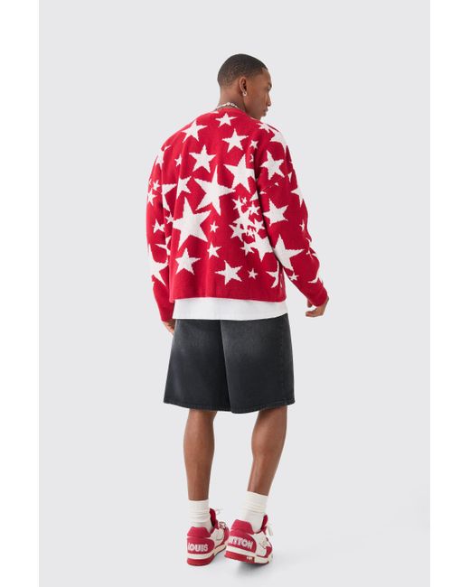 Boohoo Red Boxy Oversized Brushed Star All Over Cardigan