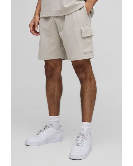 BoohooMAN Natural Relaxed Fit Interlock Cargo Shorts for men
