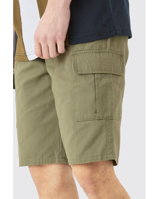 BoohooMAN Green Tall Elastic Waist Relaxed Fit Cargo Shorts In Khaki for men