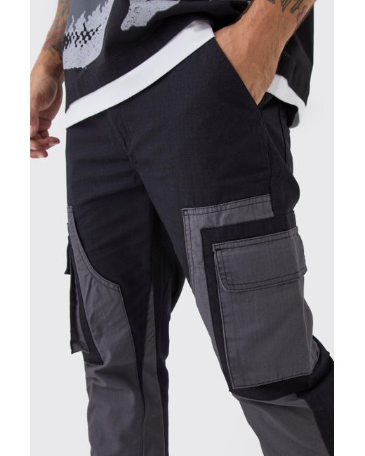 BoohooMAN Black Ripstop Fixed Waist Slim Flare Carpenter Cargo Pants for men