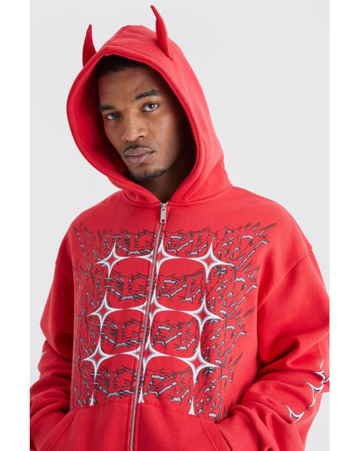 BoohooMAN Red Tall Oversized Boxy Grunge Zip Through Ear Hooded Tracksuit for men