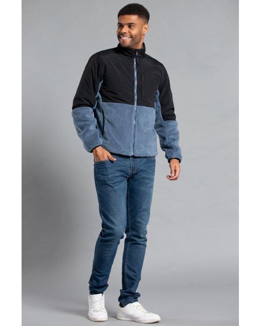 BoohooMAN Blue Tokyo Laundry Colourblock Two-tone Borg Funnel Neck Fleece Jacket for men
