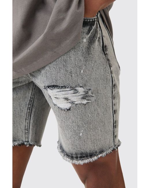 BoohooMAN Gray Slim Rigid Ripped Paint Splatter Denim Shorts In Ice Grey for men