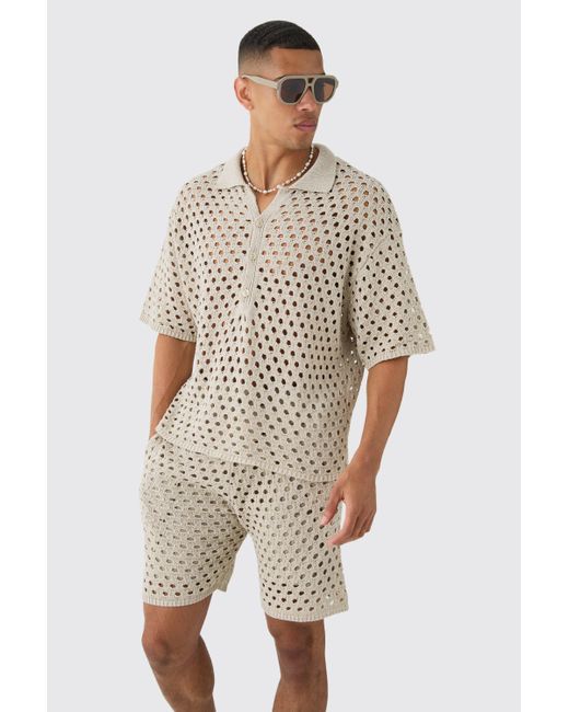 BoohooMAN Natural Oversized Open Stitch Knitted Shirt And Short Set for men