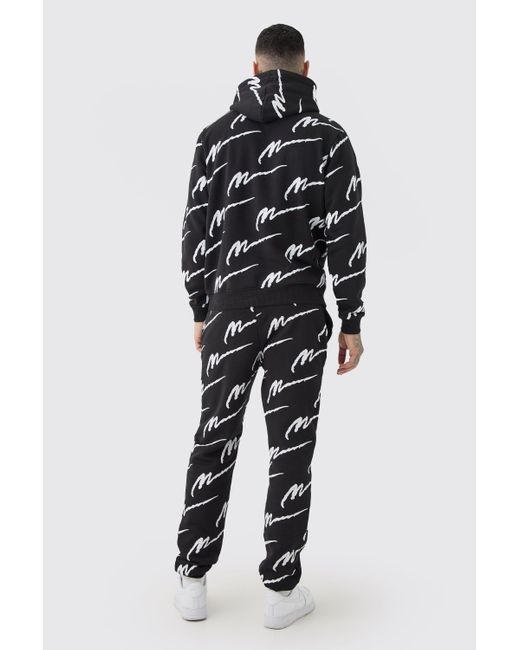BoohooMAN Black Tall Man Signature All Over Print Hoodie Tracksuit for men