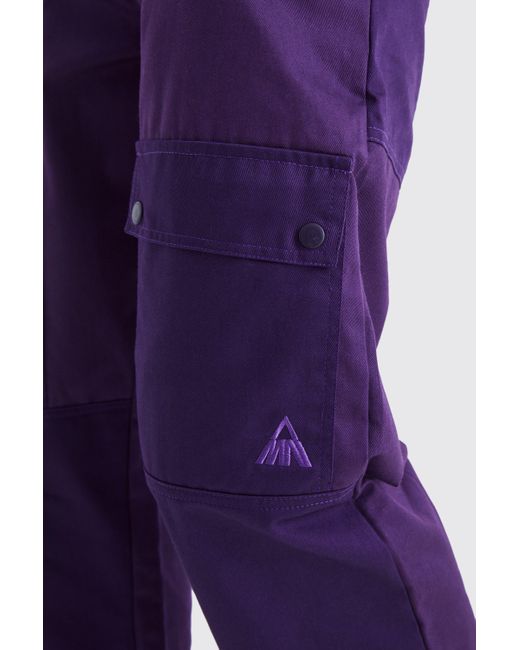 BoohooMAN Purple Tall Relaxed Fit Colour Block Tonal Branded Cargo Trouser for men