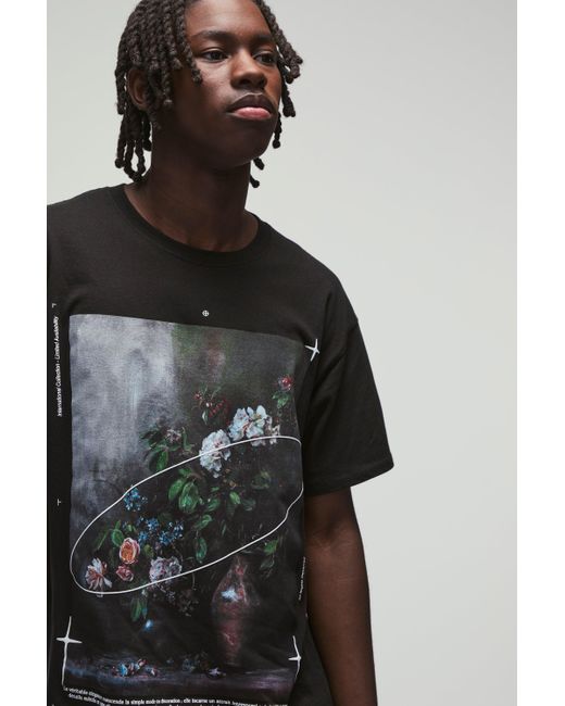 BoohooMAN Black Oversized Floral Print T-Shirt for men