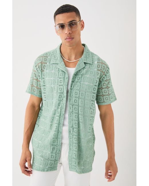 BoohooMAN Oversized Open Weave Lace Shirt in Green für Herren