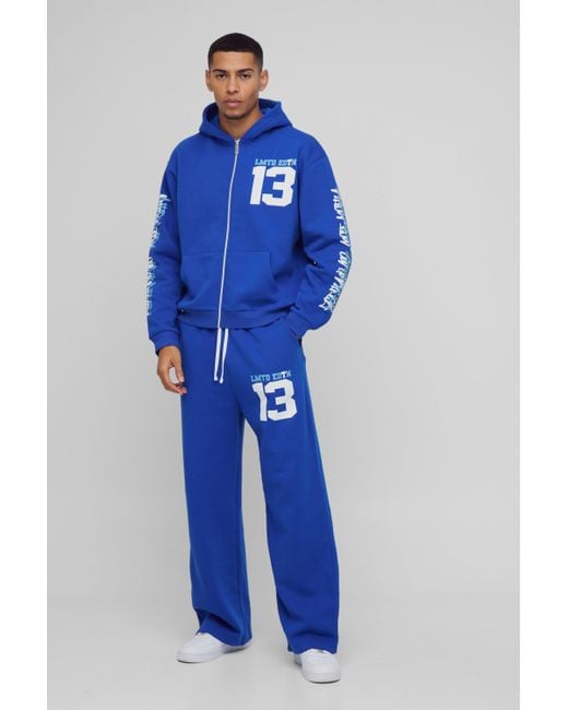 BoohooMAN Blue Oversized Boxy Limited Varsity Graffiti Zip Through Hooded Tracksuit for men