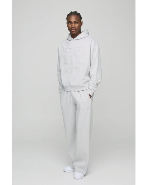 BoohooMAN Gray Oversized Boxy Varsity 25 Debossed Hooded Tracksuit for men