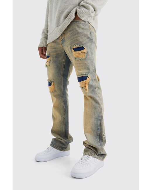 BoohooMAN Multicolor Slim Flare Rigid Multi Rip & Repair Jean for men