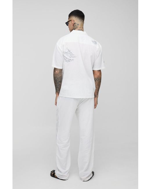Boohoo White Tall Regular Fit Placement Print Linen Look Revere Shirt