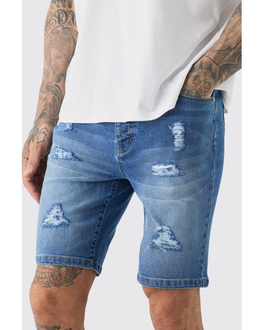 BoohooMAN Blue Tall Stretch Denim Distressed Skinny Fit Shorts In Mid Wash for men