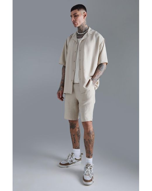BoohooMAN Gray Tall Oversized Linen Shirt & Short Set In Natural for men