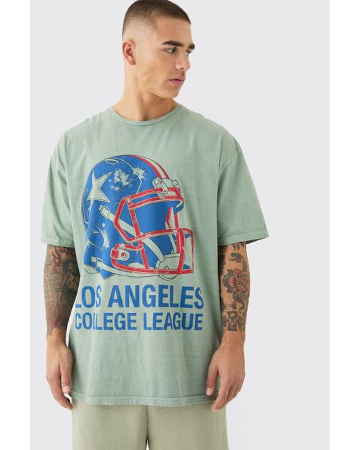 BoohooMAN Blue Oversized Los Angeles Varsity Wash T-shirt for men