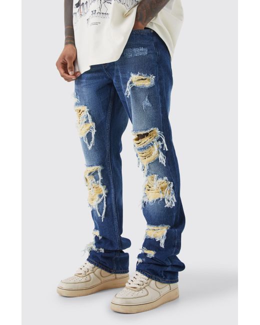 BoohooMAN Blue Slim Rigid Flare Contrast Rip Jeans for men