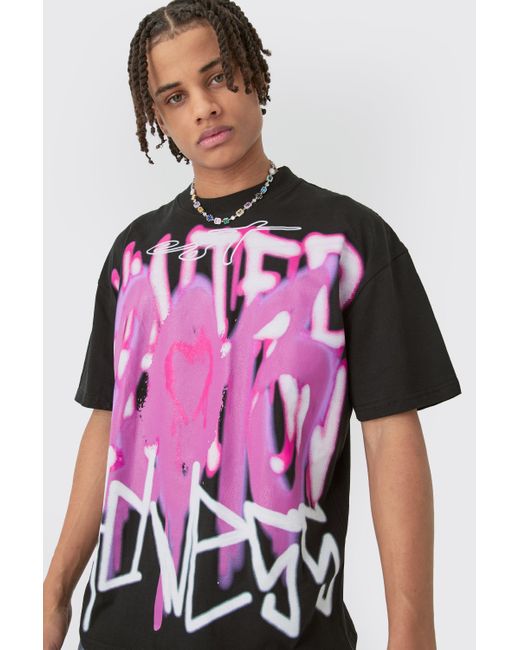 BoohooMAN Pink Oversized Large Scale Graffiti Print T-shirt for men