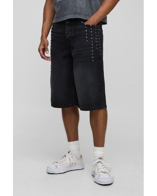 Studded Rigid Denim Longline Jorts Boohoo de color Black