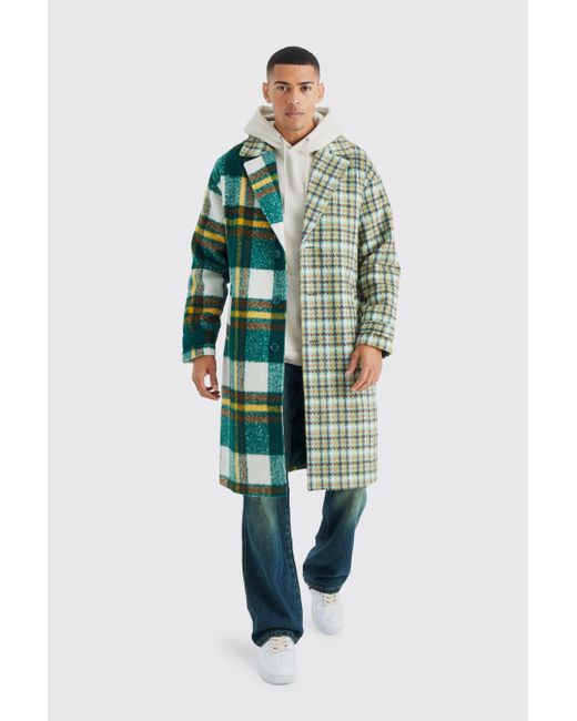 BoohooMAN Green Wool Look Check Colourblock Overcoat for men