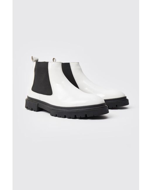BoohooMAN White Patent Chelsea Boots With Track Sole for men