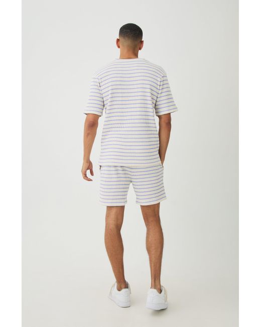 BoohooMAN White Regular Fit Waffle Stripe T-Shirt & Shorts Set for men