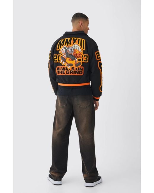 BoohooMAN Blue Boxy Badge Collared Varsity Jacket for men