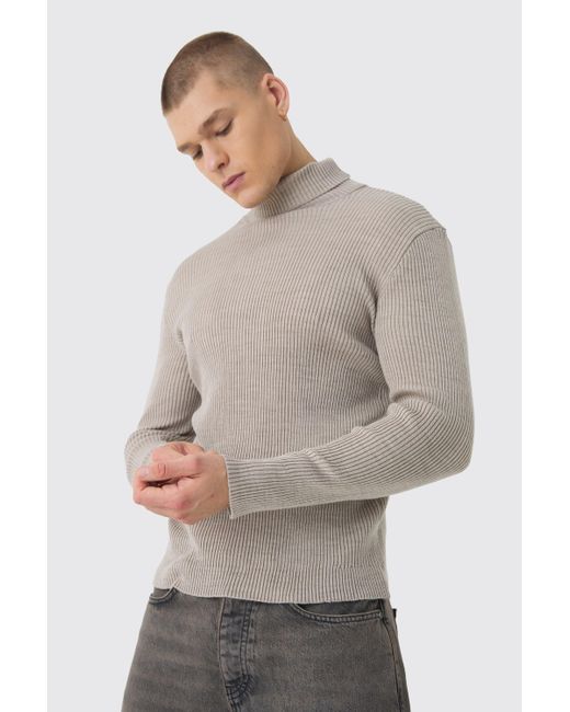 BoohooMAN Gray Muscle Fit Ribbed Knit Roll Neck Jumper In Stone for men