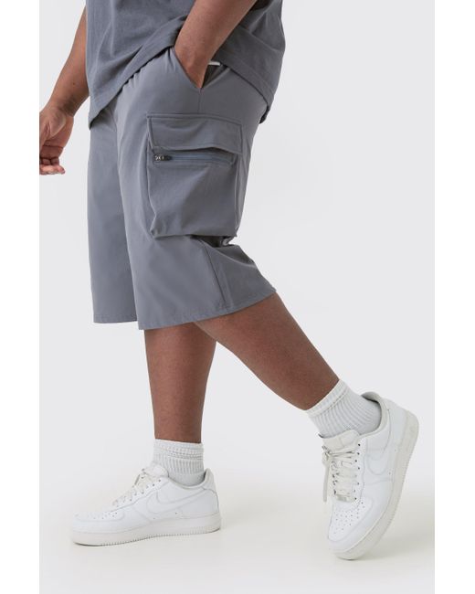 BoohooMAN Gray Plus Elastic Relaxed Lightweight Stretch Cargo Short for men