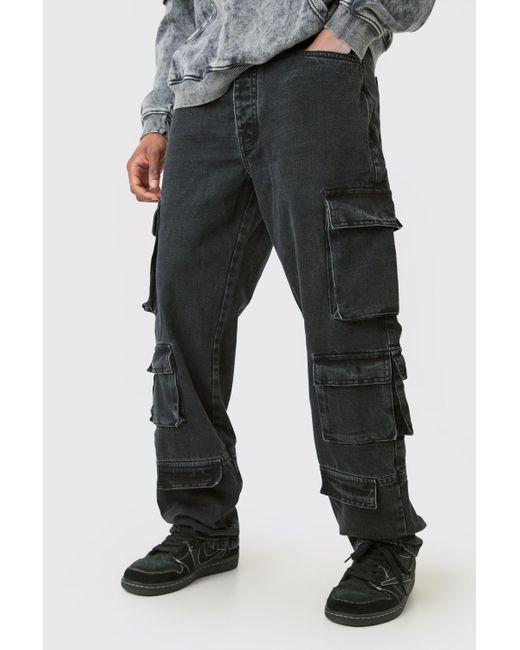 BoohooMAN Black Tall Relaxed Fit Acid Wash Cargo Jean for men