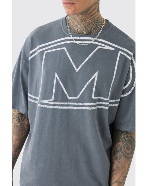 BoohooMAN Blue Tall Distressed Oversized Overdye Logo Graphic T-shirt for men