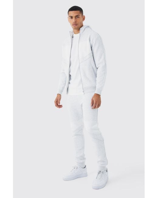 BoohooMAN Slim-Fit Colorblock Trainingsanzug mit Trichterkragen und Kapuze in White für Herren