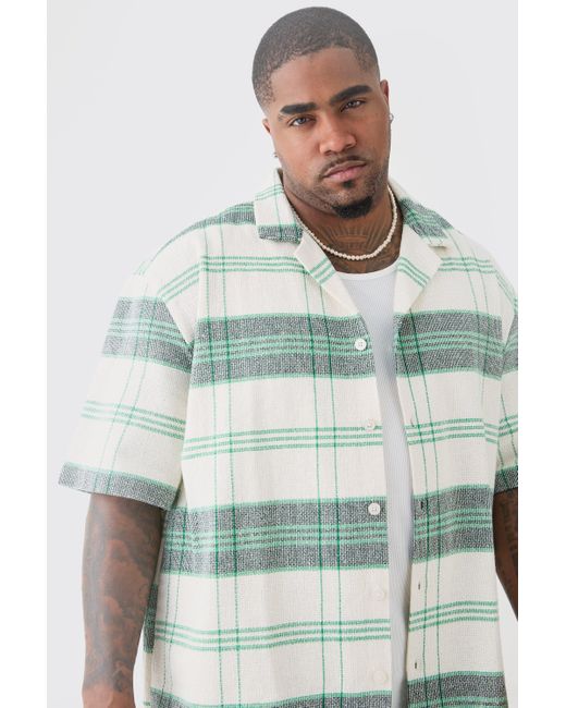 BoohooMAN Green Plus Short Sleeve Drop Revere Textured Flannel Shirt In Stone for men