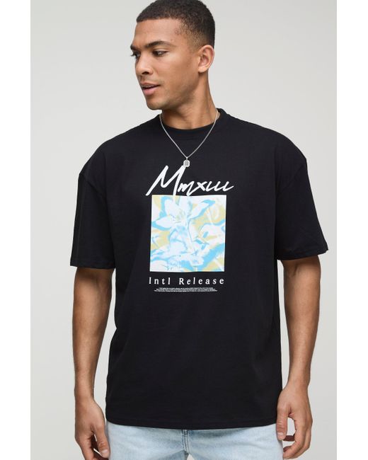 Camiseta Oversize Negra Con Estampado Abstracto De Flores Boohoo de color Black