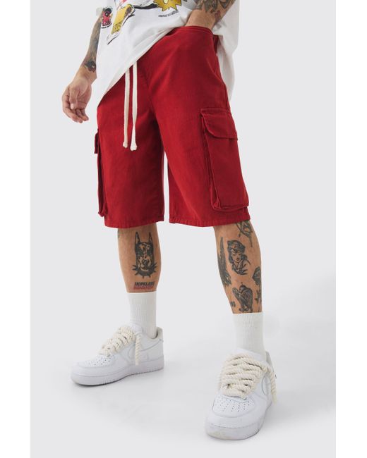 BoohooMAN Red Baggy Fit Elasticated Waist Extended Drawcord Cargo Shorts for men