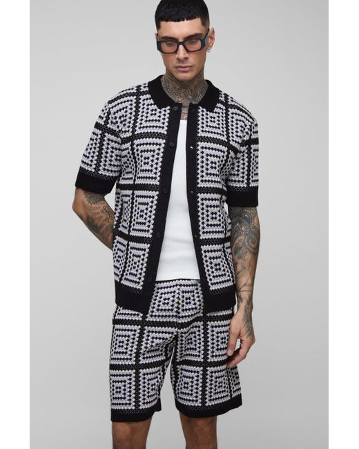BoohooMAN Multicolor Tall Regular Fit Crochet Shirt & Relaxed Short Set for men