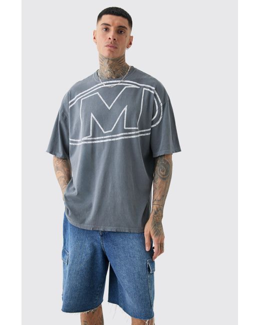 BoohooMAN Blue Tall Distressed Oversized Overdye Logo Graphic T-shirt for men