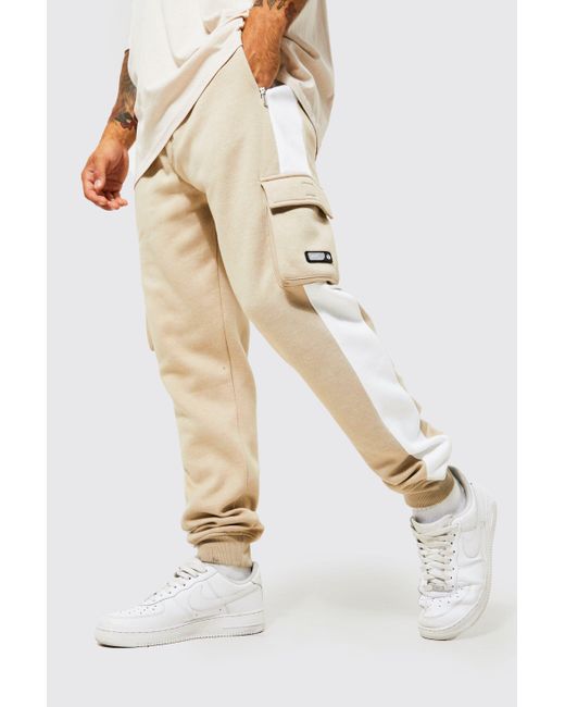 BoohooMAN Denim Slim Fit Panel Cargo Jogger in Beige (Natural) for Men
