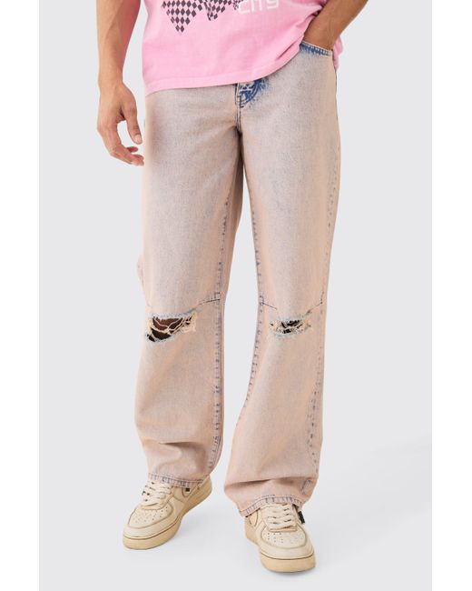 BoohooMAN Baggy Rigid Pink Tint Slit Knee Jeans for men