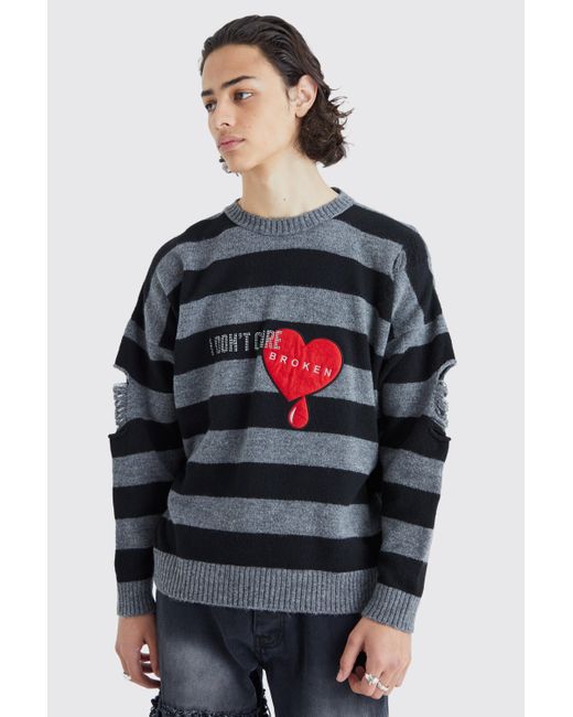 BoohooMAN Gray Oversized Striped Brushed Distressed Jumper for men
