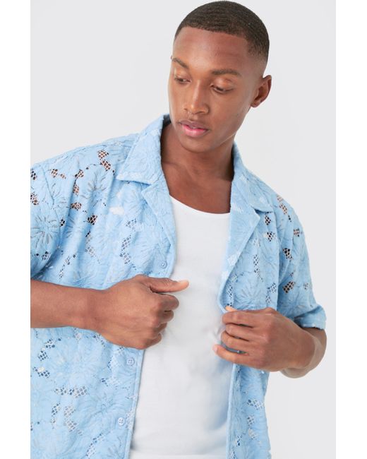 BoohooMAN Blue Boxy Floral Lace Shirt for men