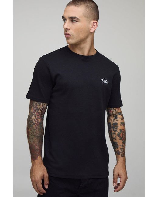 BoohooMAN Blue Slim Fit Heavyweight Interlock Script T-Shirt for men