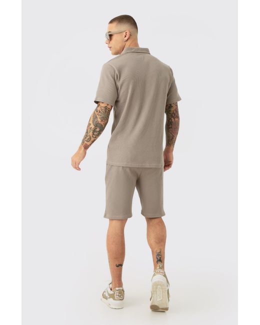 BoohooMAN Natural Slim Waffle Revere Polo And Shorts Set for men