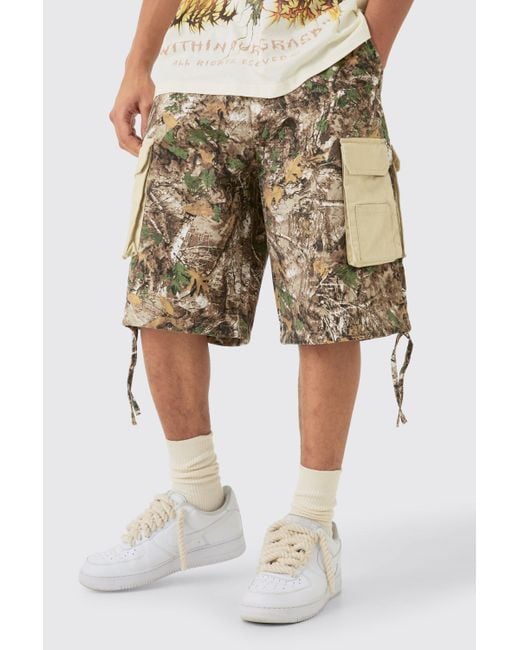 BoohooMAN Natural Contrast Panel Forest Camo Jorts for men