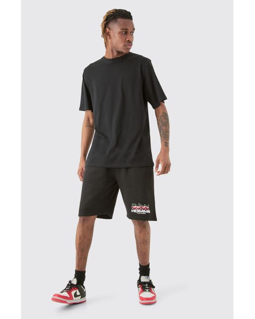 BoohooMAN Tall Cherry Graphic Homme T-shirt & Short Set in Black für Herren
