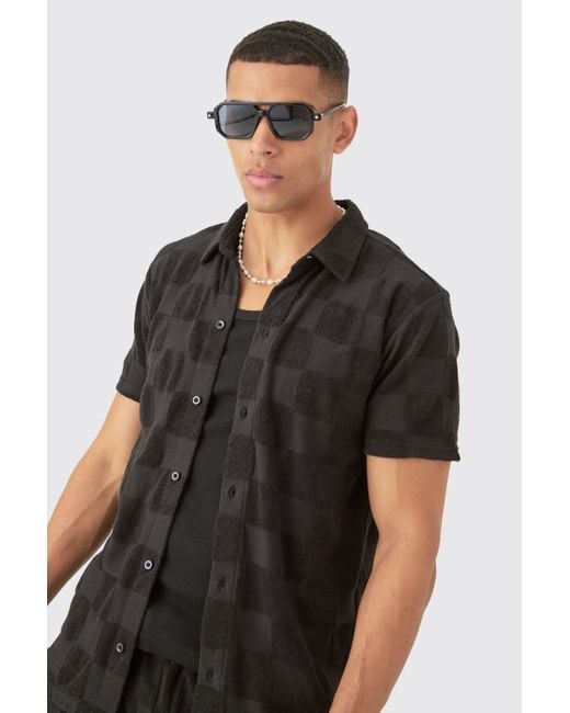 BoohooMAN Towelling Checkerboard Shirt & Short Set in Black für Herren