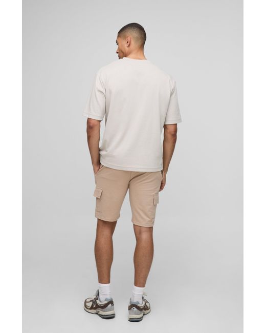 BoohooMAN Natural Lightweight Basic Slim Fit Mid Length Cargo Shorts for men