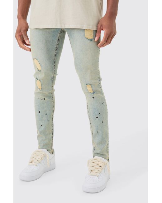 BoohooMAN Skinny Stretch Ripped Jeans In Vintage Blue for men