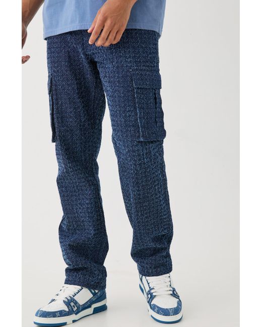 BoohooMAN Blue Relaxed Rigid Distressed Cargo Jean for men