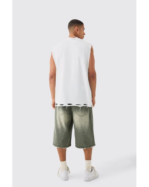 BoohooMAN Blue Oversized Loopback Drop Armhole Distressed Tank for men