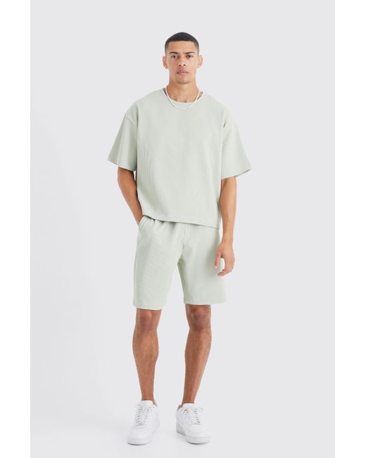 Boohoo Pleated Oversized Shirt And Short Set in Green